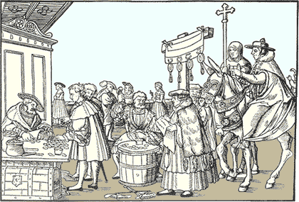 Pfaffen beim Eintreiben von Geldern für die Kirchenfürsten, Holzschnitt um 1530 von Jörg Breu d. Älteren