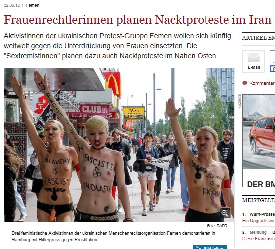 Drei Aktivistinnen der Menschenrechtsorganisation Femen demonstrieren in Hamburg mit Hitlergruss gegen Prostitution.