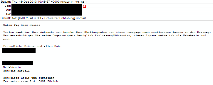 Mail von SRF betreffend Berichterstattung vom 18.12.2013