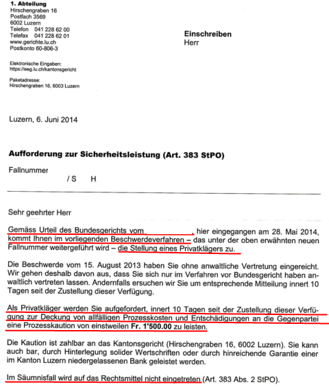 Brief von Kantonsgericht Luzern an den Privatkläger