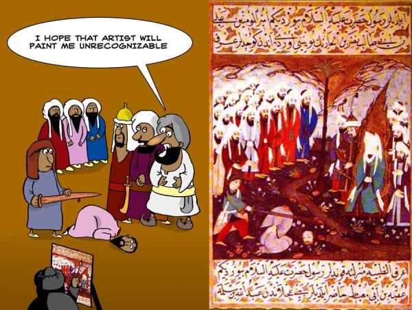 Darstellung von Mohammed bei der Teilnahme an einer wahrscheinlich von ihm in Auftrag gegebenen Enthauptung.
