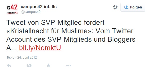 Twitterer verlinkt auf TA-Artikel mit dem Titel "Tweet von SVP-Mitglied fordert Kristallnacht für Muslime"