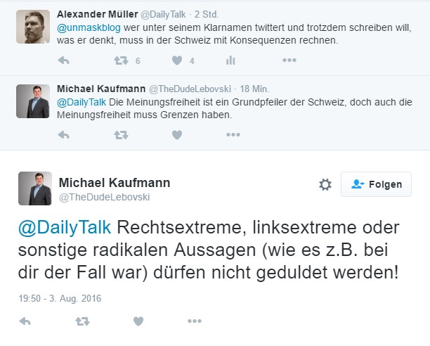 Michael Kaufmann von der CVP beantwortet einen Tweet von mir.